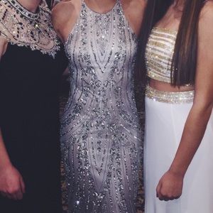 Taupe/silver, long formal beaded prom dress